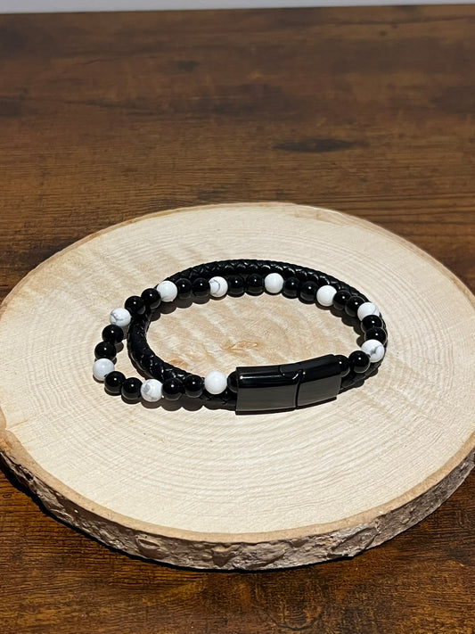 Bracelet Aska Homme – Cuir, Howlite Blanche & Onyx