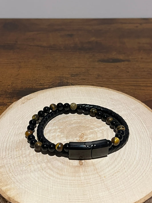 Bracelet Aska Homme – Cuir, Œil de Tigre & Onyx